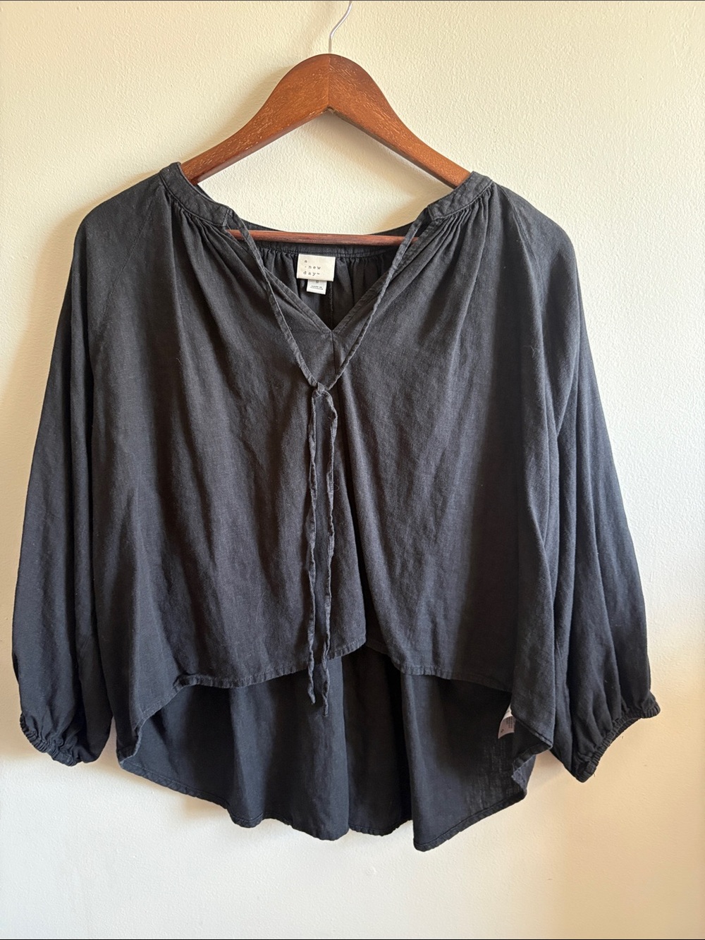 A New Day Black Gauze Tie Front Peasant Blouse Small